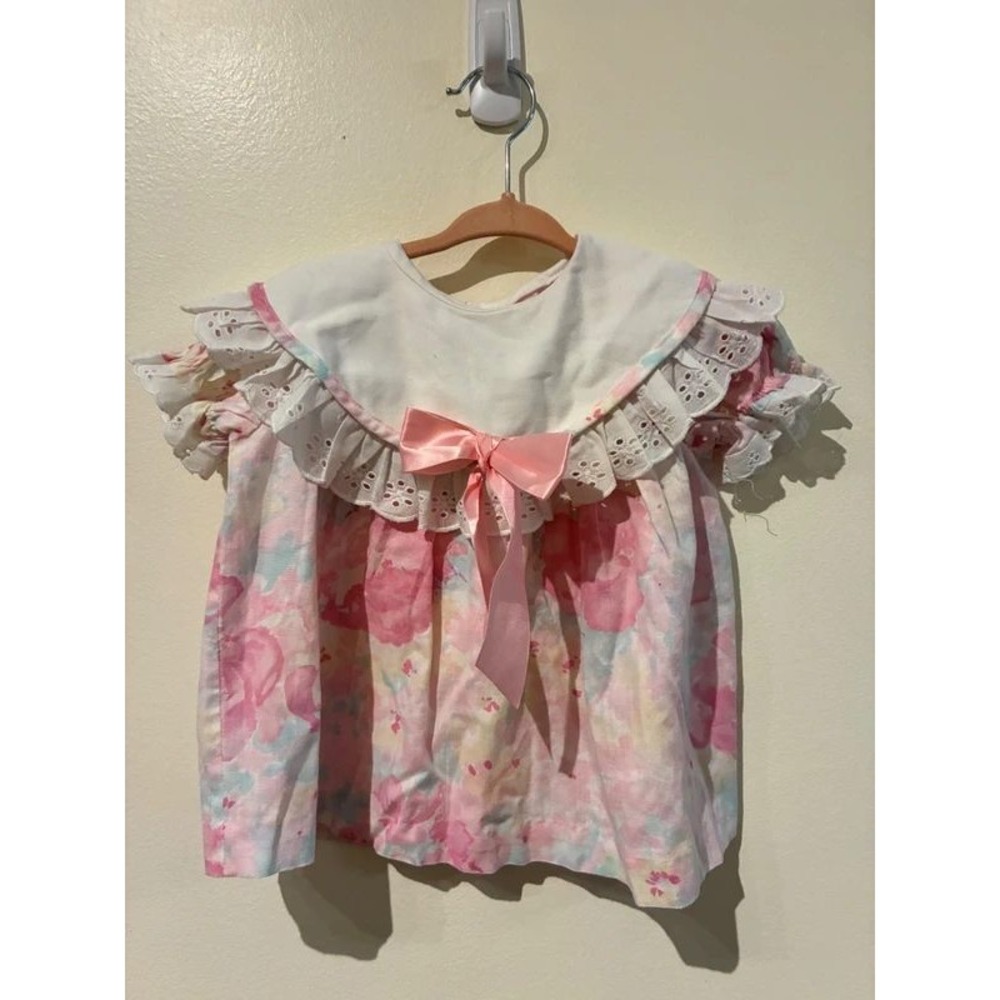 Vintage Sweet Treats Baby Girl Floral Eyelet Lace Dress Pink Blue 12 Months USA